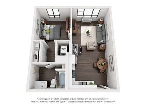 Floor plan for 1 bed, 1 bath, 648 sqft